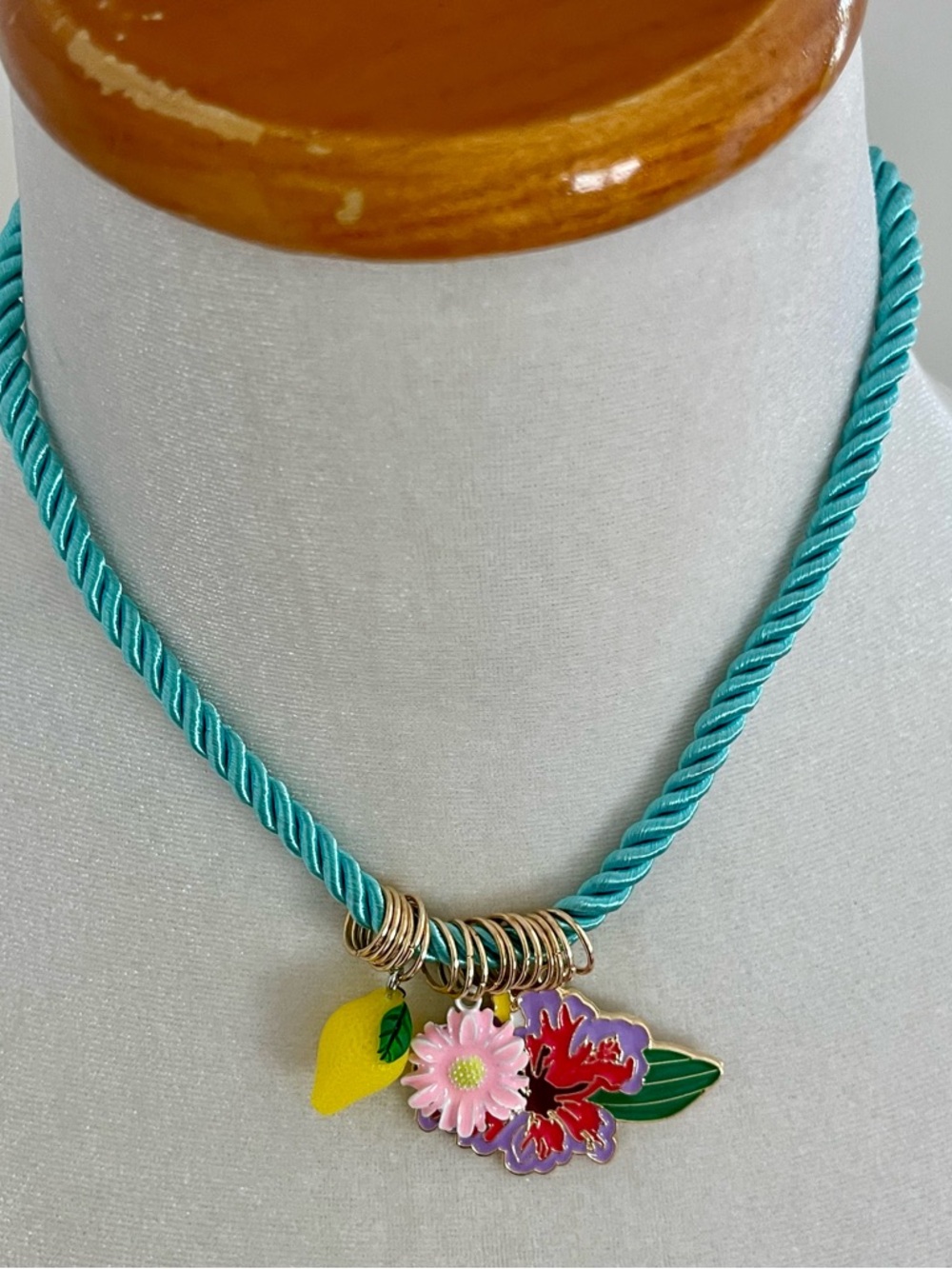 Turquoise Rope Necklace with Floral & Lemon Charms